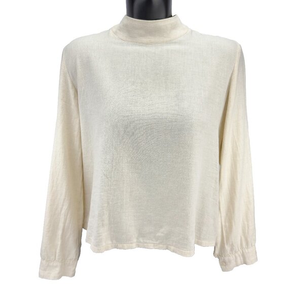 JENNIFER GLASGOW Mock Neck Long Sleeve Back Cutouts Linen Blend Cream Blouse M - Picture 1 of 12